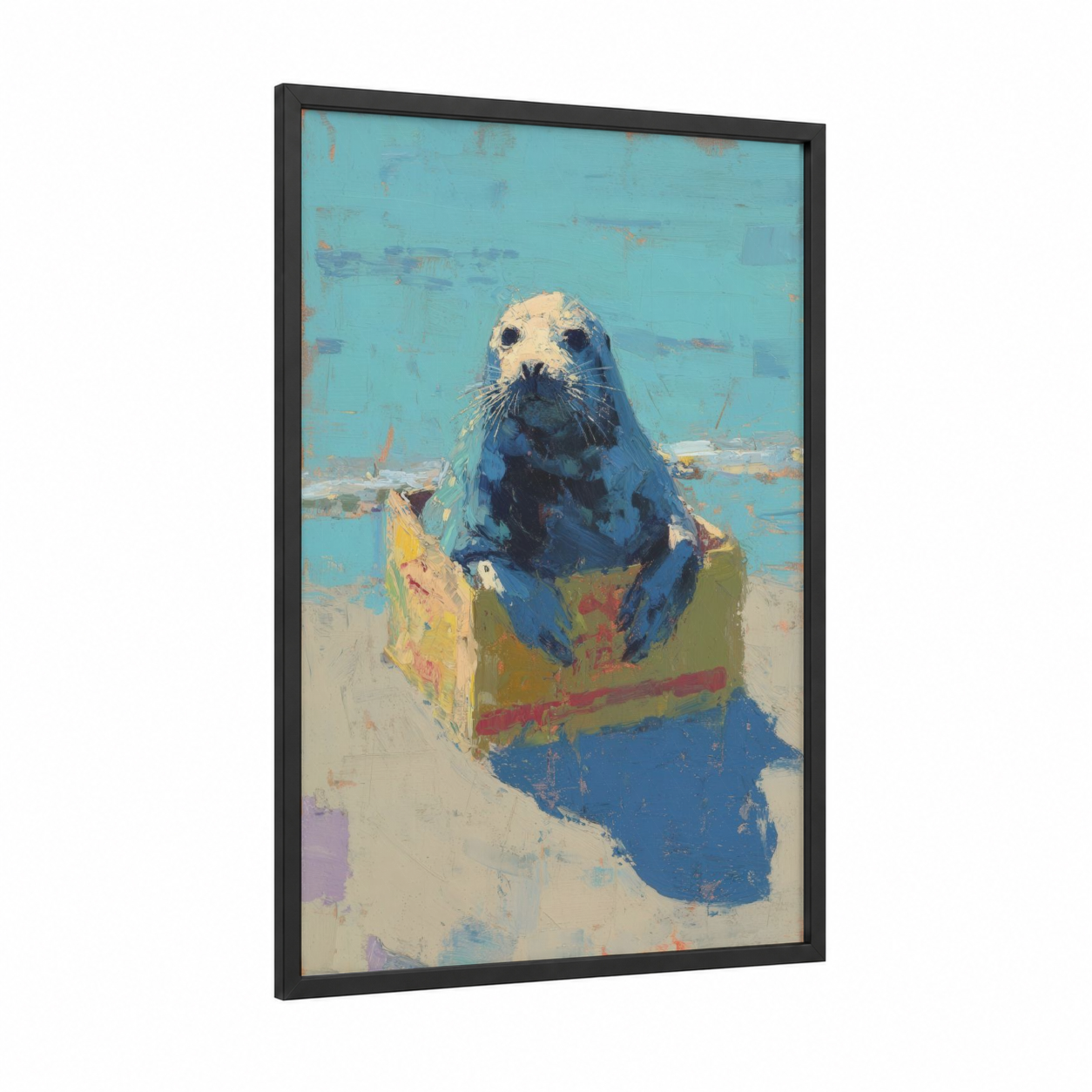 Beachside Seal framed art print — black wood frame — teal and cream palette