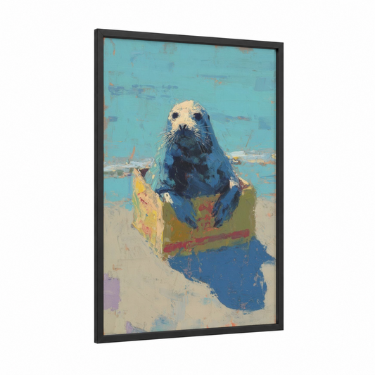 Beachside Seal framed art print — black wood frame — teal and cream palette