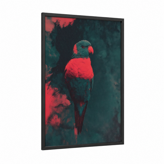 Neon Lorikeet framed rainbow lorikeet print — black wood frame — red and teal palette