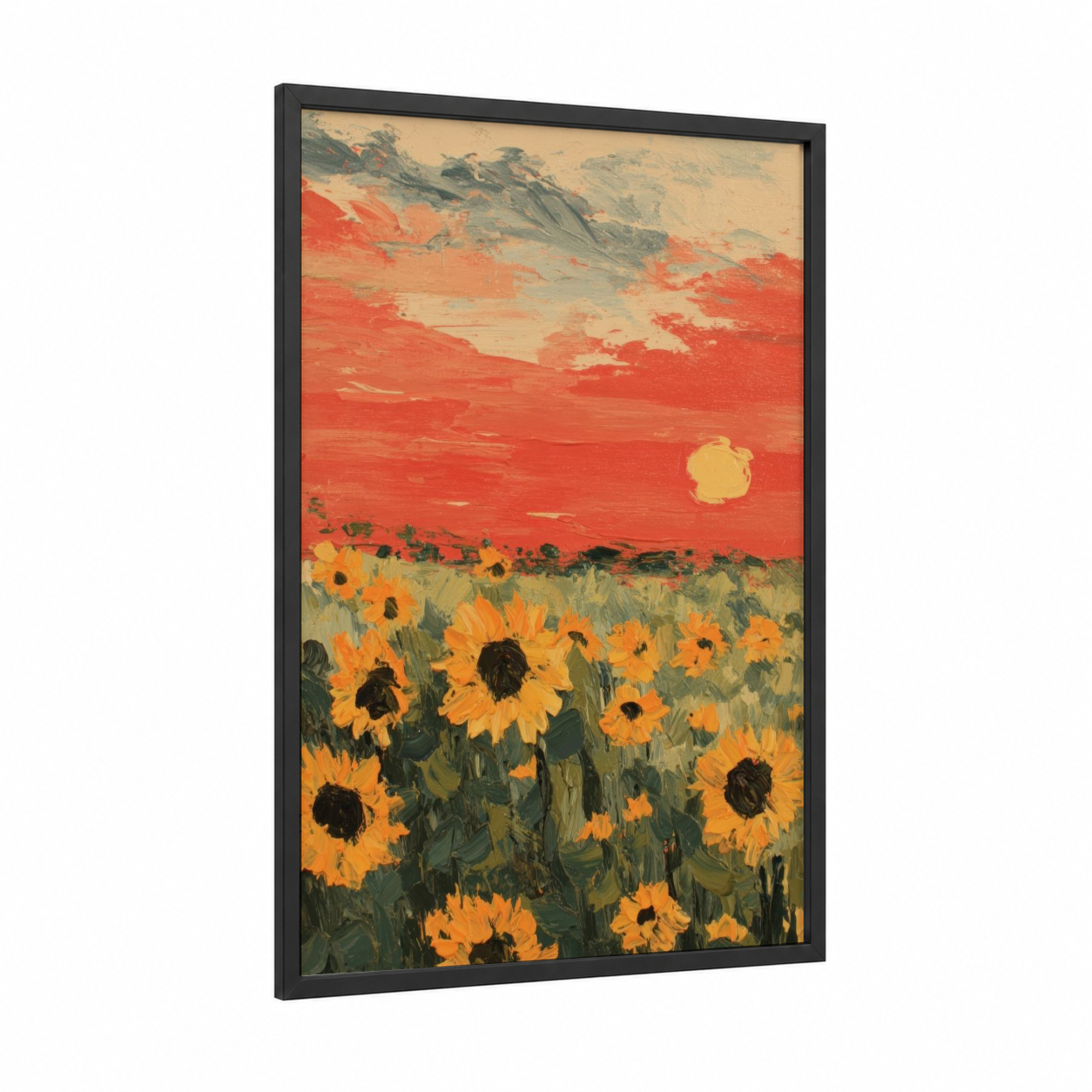 Sunflower Sunrise framed art print — black wood frame — gold and red palette