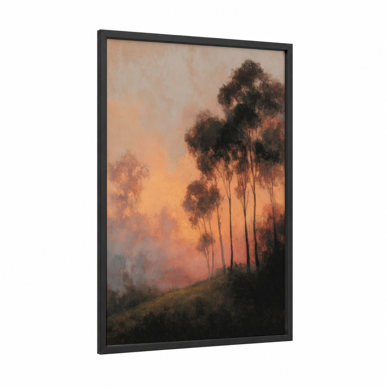 Misty Eucalyptus framed eucalyptus forest print — black wood frame — gold and brown palette