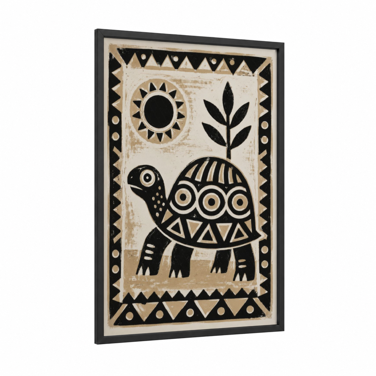 Geometric Turtle Folk Art Wall Art framed art print — black wood frame — black and white and beige palette