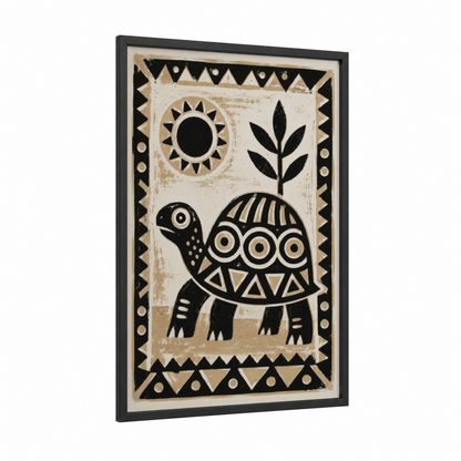 Geometric Turtle Folk Art Wall Art framed art print — black wood frame — black and white and beige palette