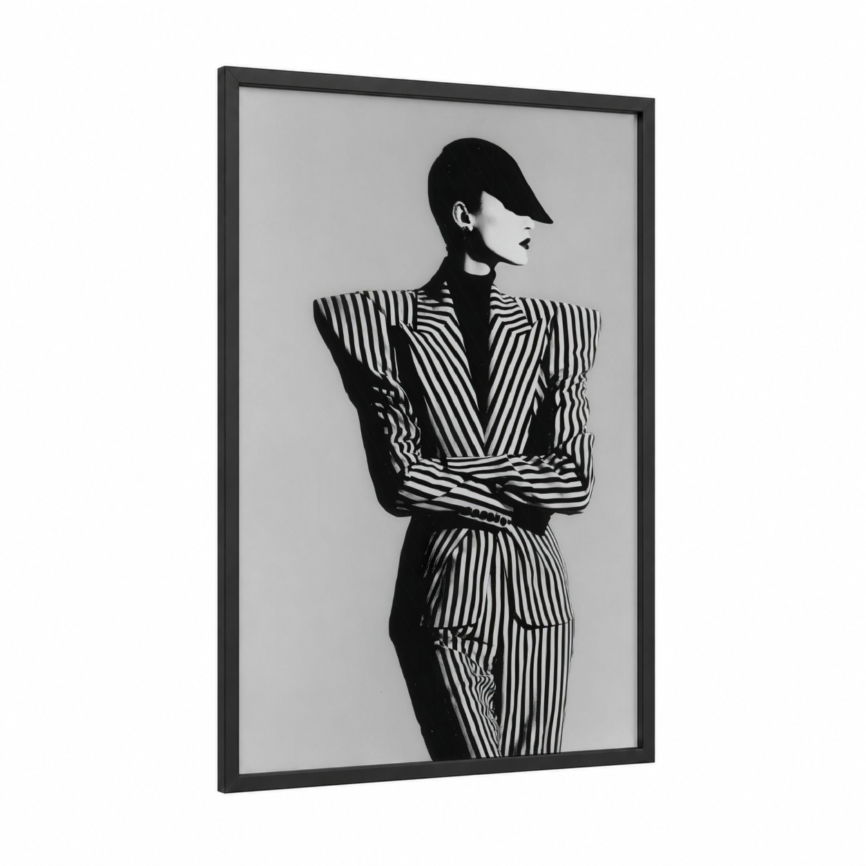Striped Power Suit framed retro fashion print — black wood frame — black and white palette