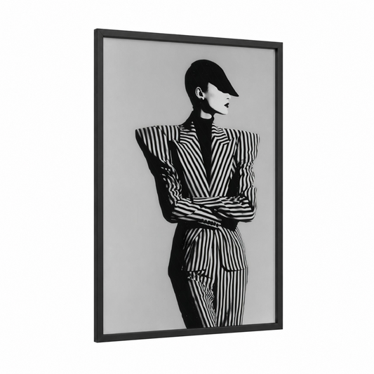 Striped Power Suit framed retro fashion print — black wood frame — black and white palette