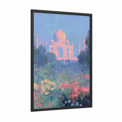 Taj Mahal Bloom framed art print — black wood frame — lavender and gold and pink palette