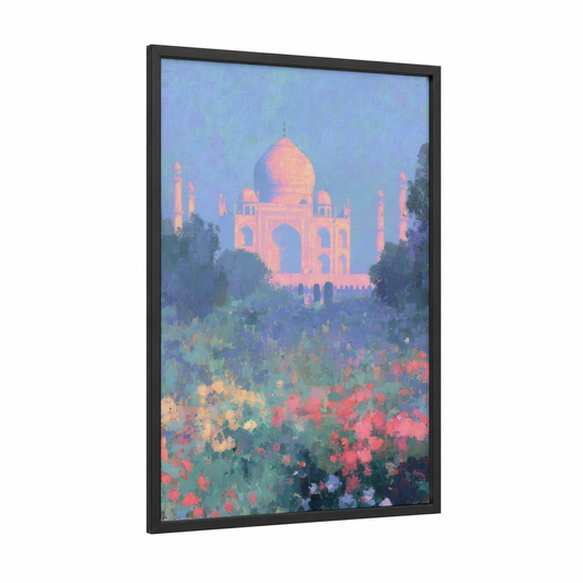 Taj Mahal Bloom framed art print — black wood frame — lavender and gold and pink palette