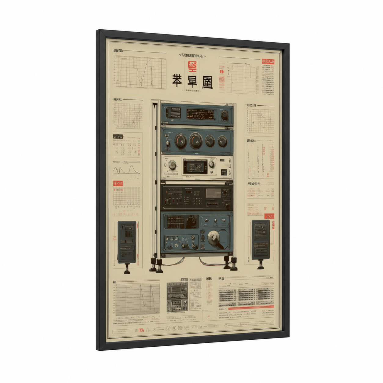 Vintage Audio Equipment framed vintage japanese ads print — black wood frame — blue and cream palette