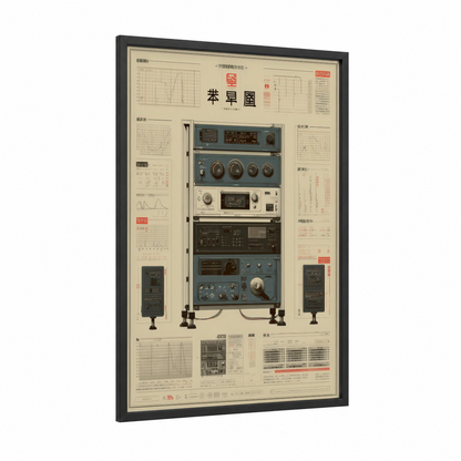 Vintage Audio Equipment framed vintage japanese ads print — black wood frame — blue and cream palette