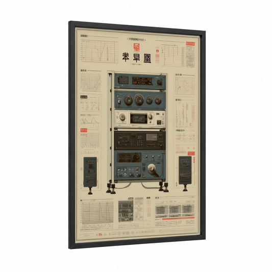 Vintage Audio Equipment framed vintage japanese ads print — black wood frame — blue and cream palette