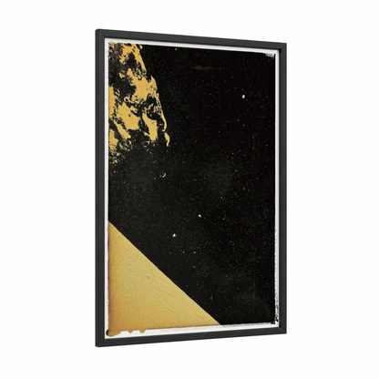 Cosmic Duality framed abstract classic print — black wood frame — yellow gold and black palette