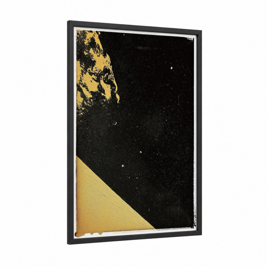 Cosmic Duality framed abstract classic print — black wood frame — yellow gold and black palette