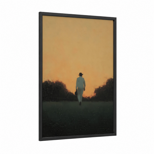 Golden Hour Cricket framed art print — black wood frame — gold and black palette