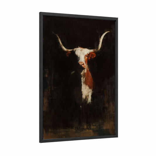 Majestic Longhorn framed longhorn cow print — black wood frame — black and cream palette