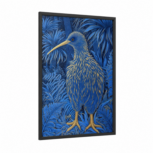 Golden Kiwi framed art print — black wood frame — blue and gold and white palette