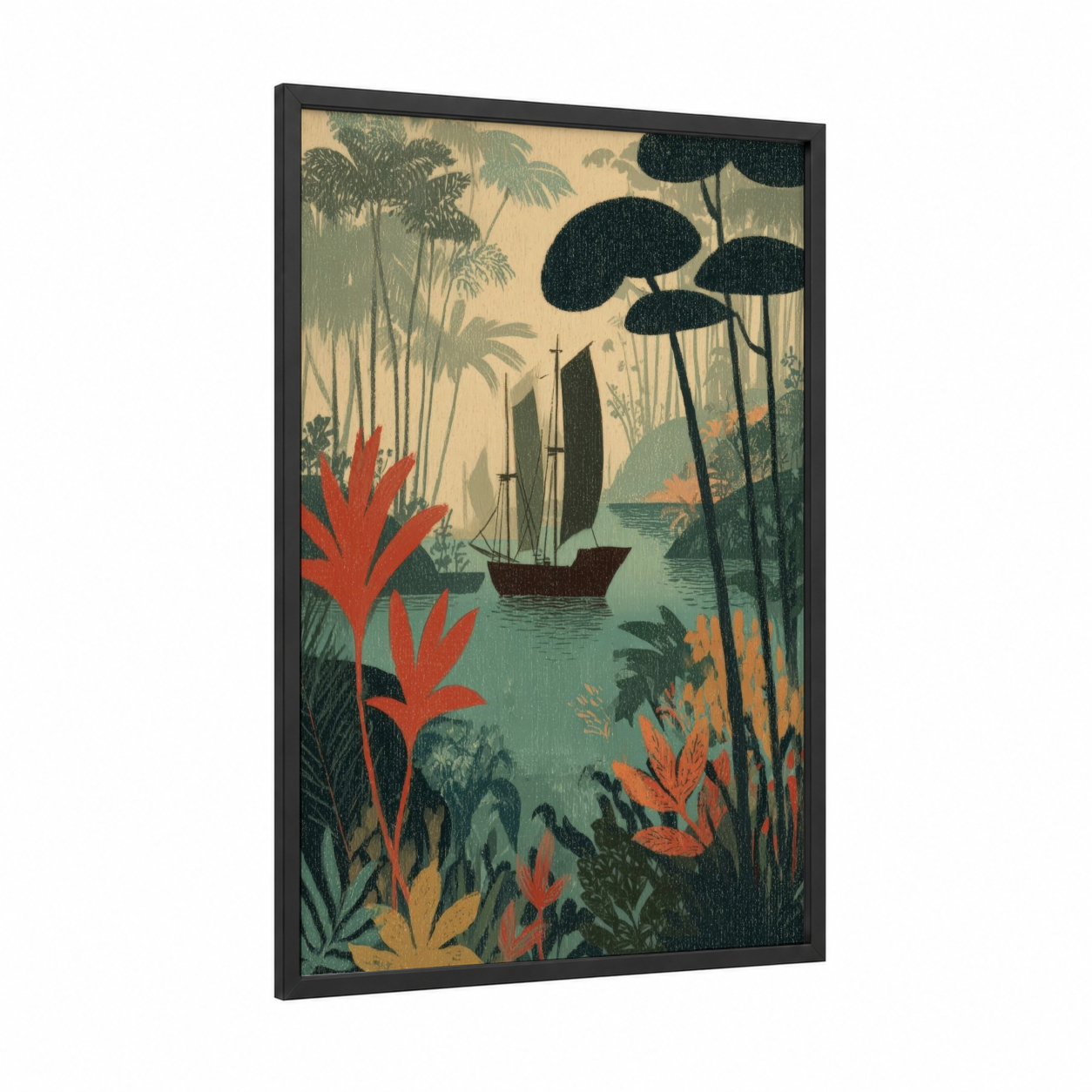 Tropical Voyage framed old ships print — black wood frame — cream and sage green palette