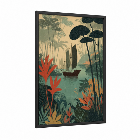 Tropical Voyage framed old ships print — black wood frame — cream and sage green palette