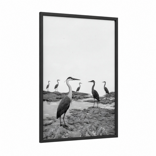 Wetland Herons framed art print — black wood frame — black and white palette