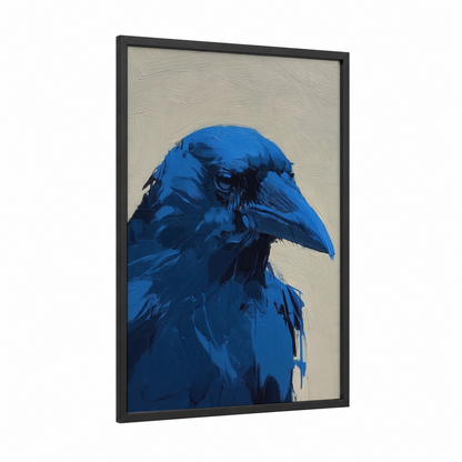 Azure Raven framed crows and ravens print — black wood frame — blue and beige palette