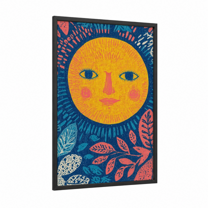 Cheerful Sun Face framed the sun print — black wood frame — gold and blue palette