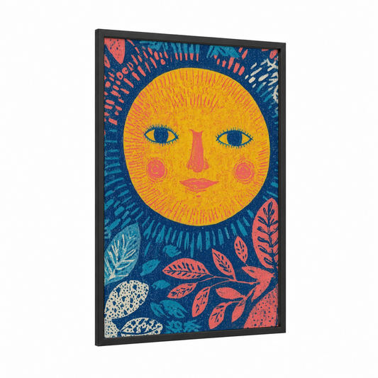 Cheerful Sun Face framed the sun print — black wood frame — gold and blue palette