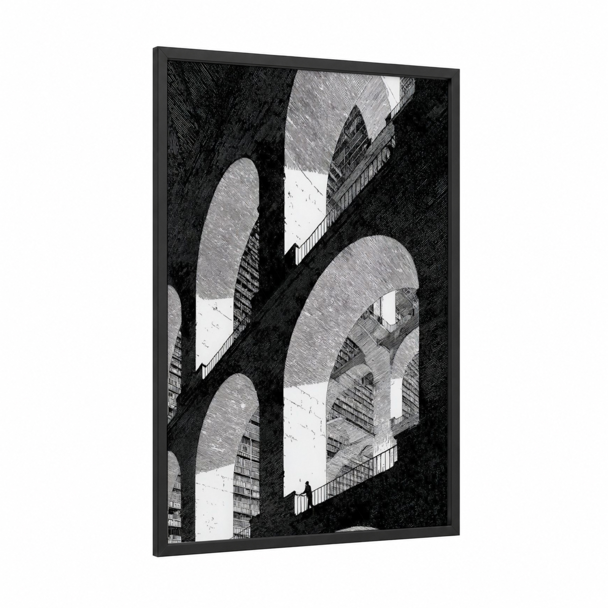 Monumental Library framed art print — black wood frame — black and white palette