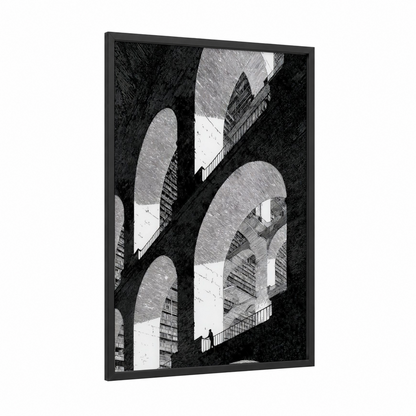Monumental Library framed art print — black wood frame — black and white palette