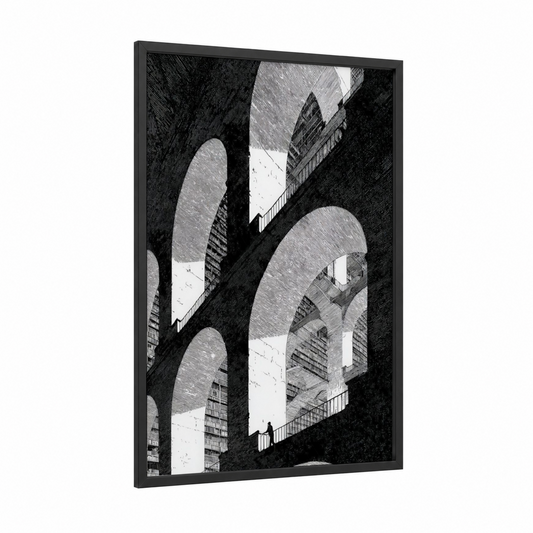 Monumental Library framed art print — black wood frame — black and white palette