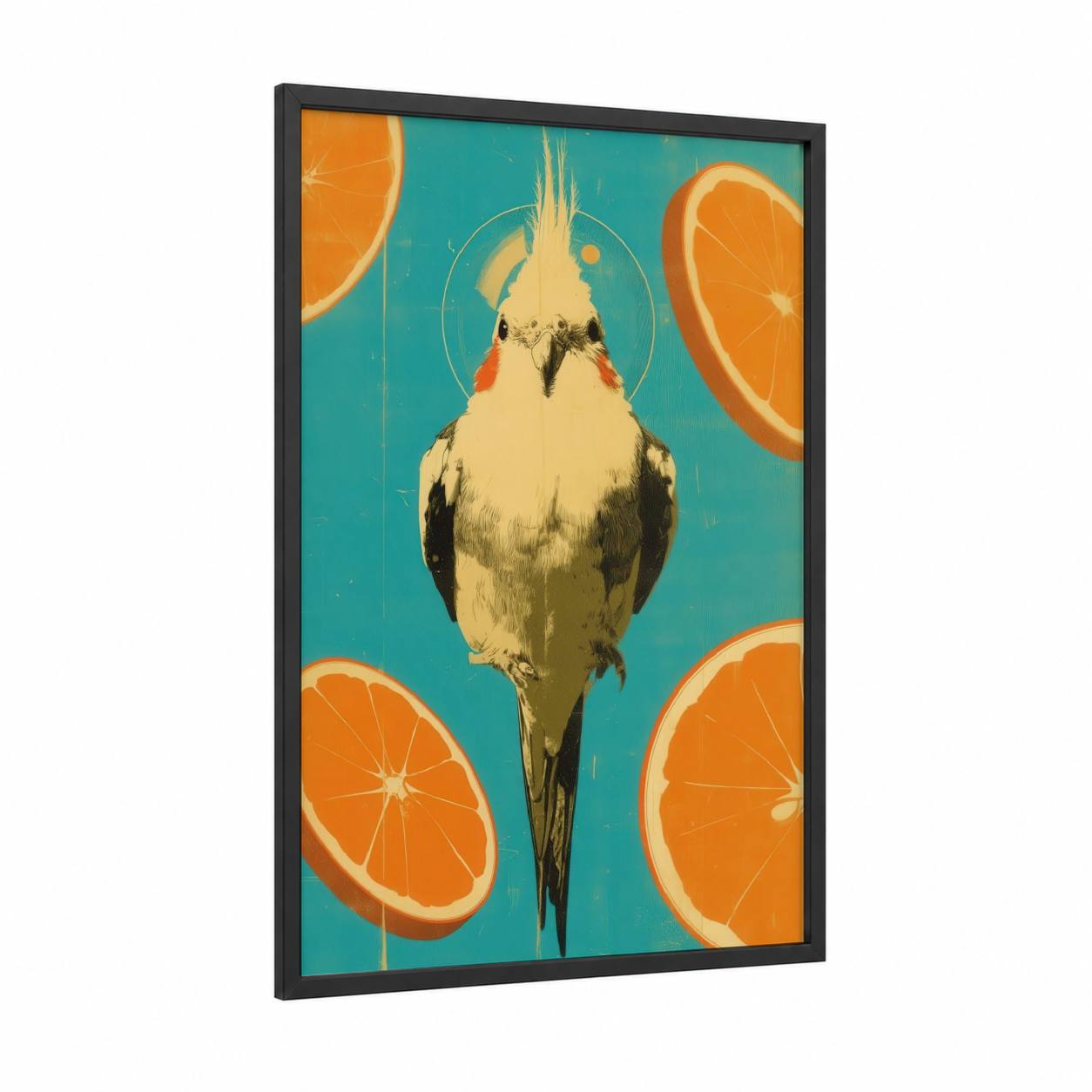 Citrus Cockatiel framed art print — black wood frame — orange and teal palette