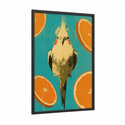 Citrus Cockatiel framed art print — black wood frame — orange and teal palette