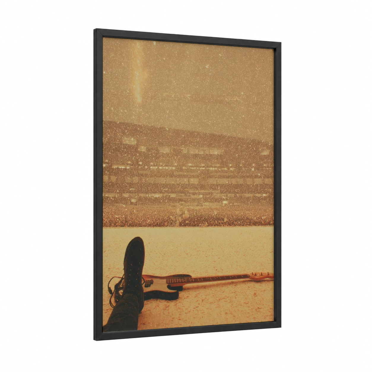 Rooftop Musician framed bass guitar print — black wood frame — gold and brown palette