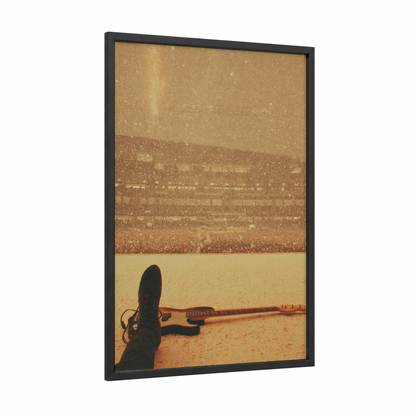 Rooftop Musician framed bass guitar print — black wood frame — gold and brown palette