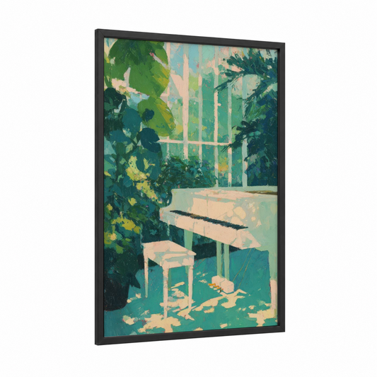 Sunlit Piano Room framed art print — black wood frame — teal and cream palette