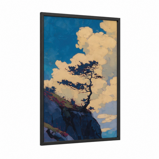 Windswept Arbutus framed arbutus tree print — black wood frame — blue and cream palette