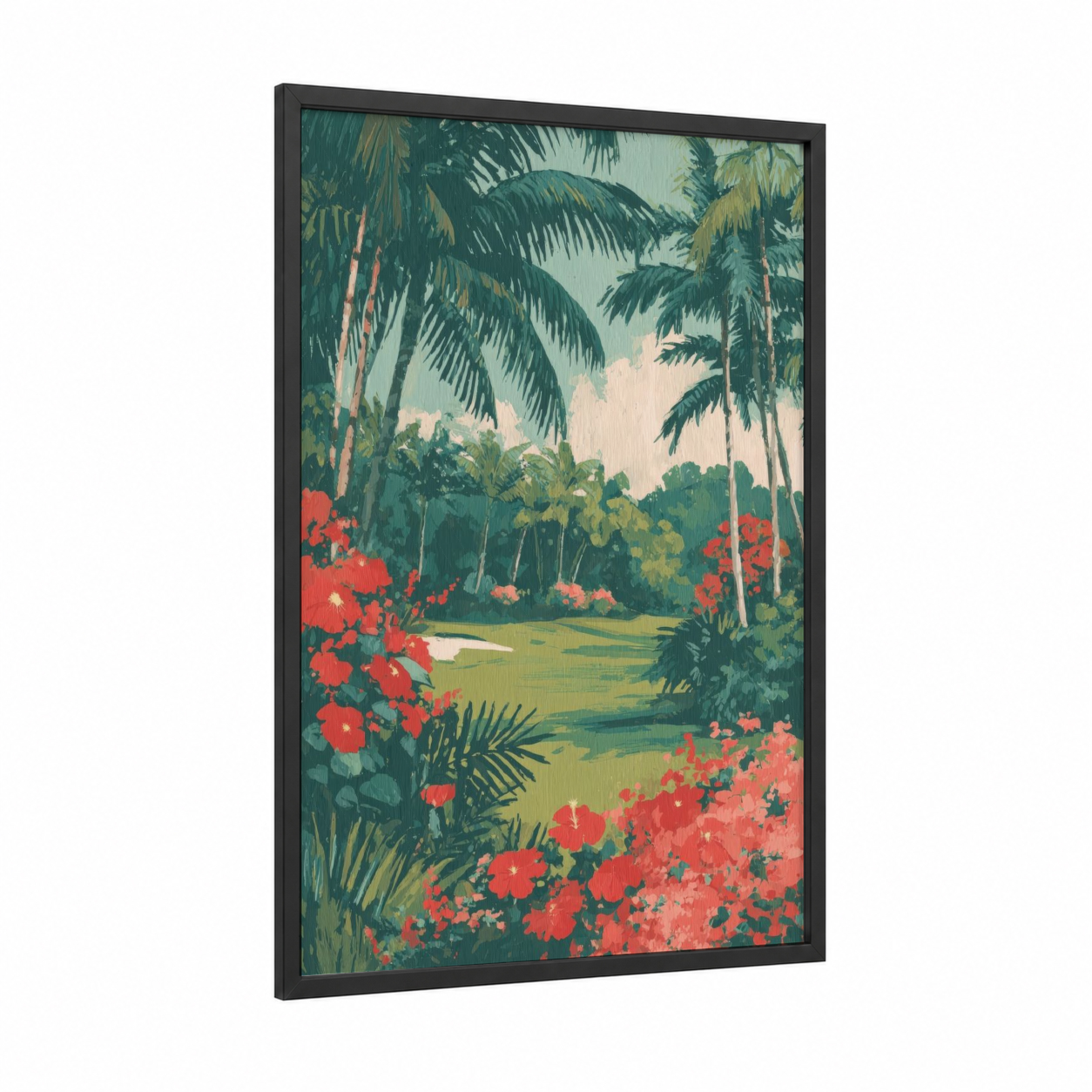 Tropical Golf Paradise framed art print — black wood frame — teal and red palette