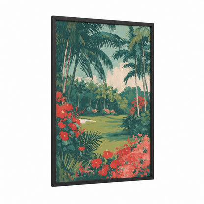 Tropical Golf Paradise framed art print — black wood frame — teal and red palette