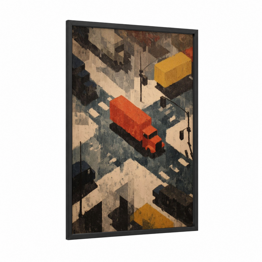 Urban Delivery Van framed art print — black wood frame — red and mustard palette