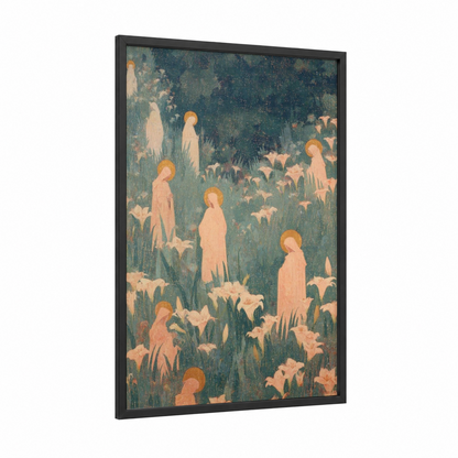 Ethereal Saints Garden framed all saints day print — black wood frame — sage green and cream palette