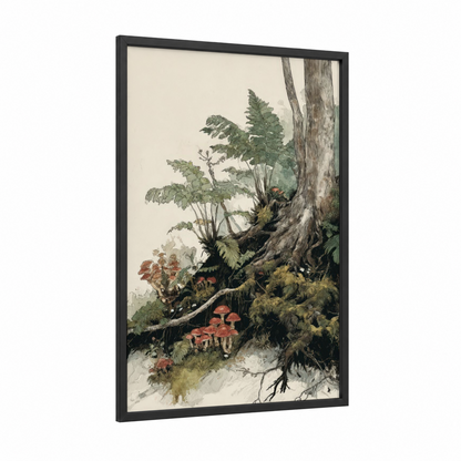 Enchanted Kauri Grove framed kauri tree print — black wood frame — sage green and cream palette