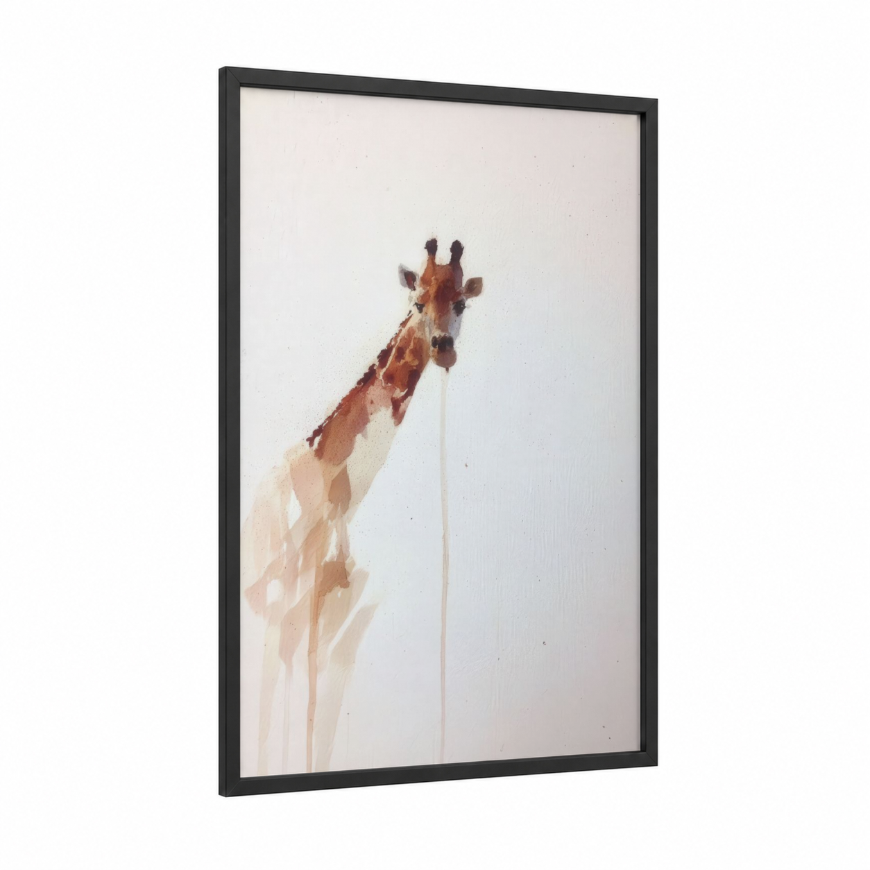 Curious Giraffe framed art print — black wood frame — russet and cream palette