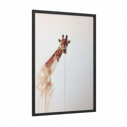 Curious Giraffe framed art print — black wood frame — russet and cream palette