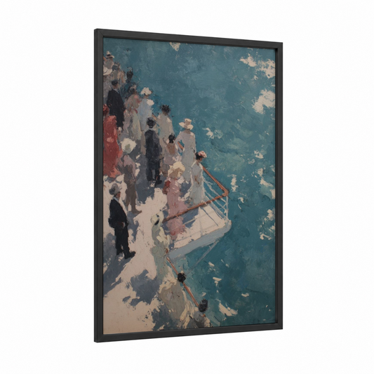 Seaside Vessel Gathering framed cruise ship print — black wood frame — blue and white and peach palette