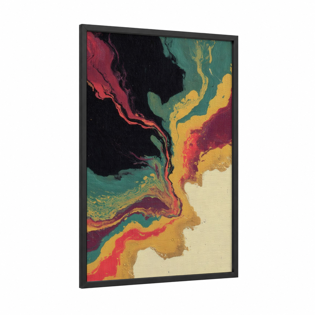 Abstract Capoeira Flow framed art print — black wood frame — red and teal palette
