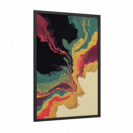 Abstract Capoeira Flow framed art print — black wood frame — red and teal palette