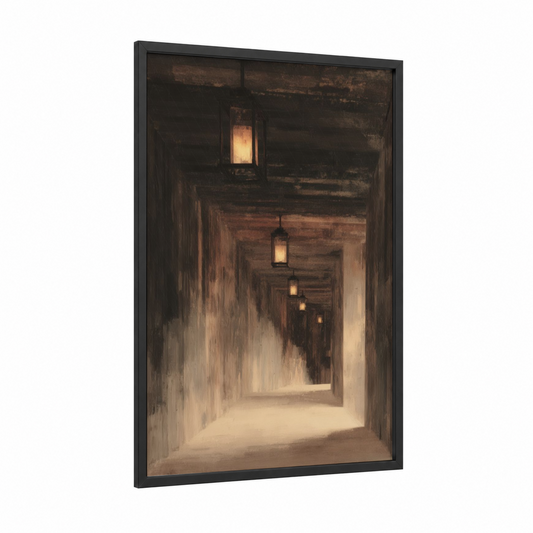 Lantern Tunnel framed art print — black wood frame — brown and gold palette