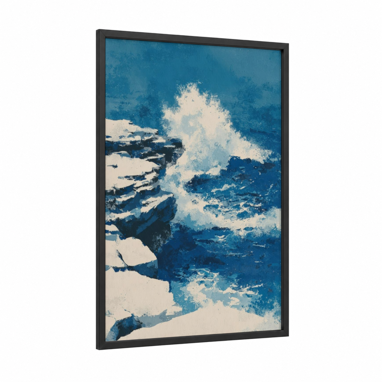 Coastal Wave Crash framed seascapes and ocean print — black wood frame — blue and white palette