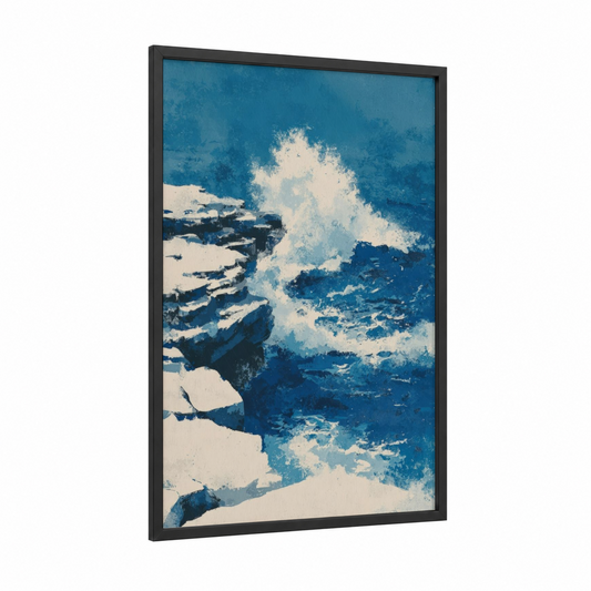 Coastal Wave Crash framed seascapes and ocean print — black wood frame — blue and white palette