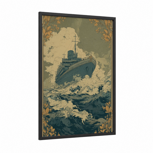 Stormy Cruise Ship framed art print — black wood frame — cream and dark blue palette