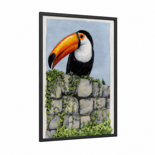 Toucan on Stone framed art print — black wood frame — blue and orange palette