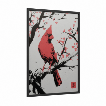 Crimson Cardinal Branch framed art print — black wood frame — salmon pink and black and white palette
